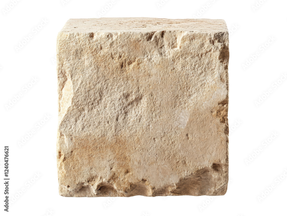 Aufkleber a single cubic block of light beige stone with a rough, uneven surface is shown against a black back