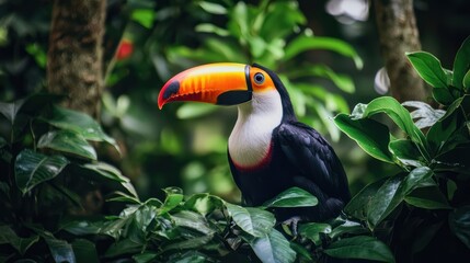 Fototapeta premium of a tropical toucan with its brightly colored beak, sitting among lush jungle foliage.
