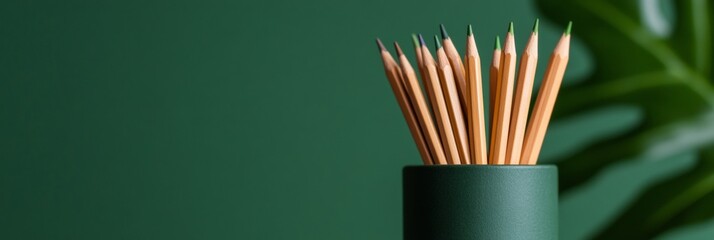 Eco-Chic Creativity Green Cylinder with Bamboo Pencils on Leaf Background - Educational Content and Sustainable Classroom Decor for Inspiring Spaces