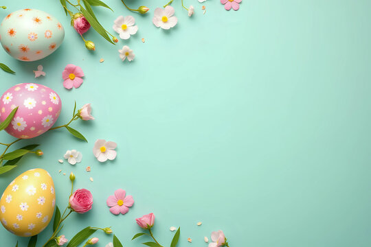 Happy Easter composition for easter design. Elegant Easter eggs and spring flowers on mint background. Flat lay, top view, copy space