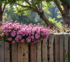 Pink flowers blooming on a tree trunk with a rustic wooden fence in background , wood, natural