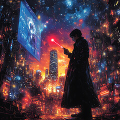 Cyberpunk cityscape at night, a lone figure uses futuristic technology against a vibrant, glowing backdrop.  Perfect for scifi, dystopian, or techrelated projects evokes mystery and intrigue.