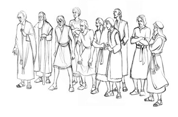 Pencil drawing. The men caught the guy and are leading him