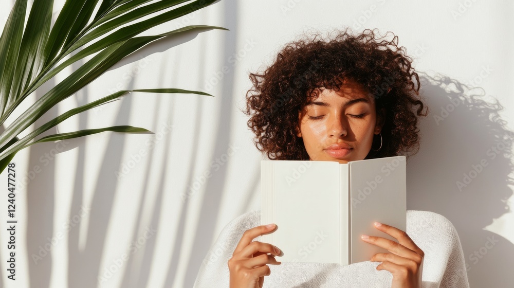 Poster scandinavian reading nook hispanic teen with book in soft textures and natural light - enhancing neu