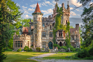 Obraz premium Majestic old castle with ivy-covered stone walls and a tower, surrounded by lush greenery and trees.