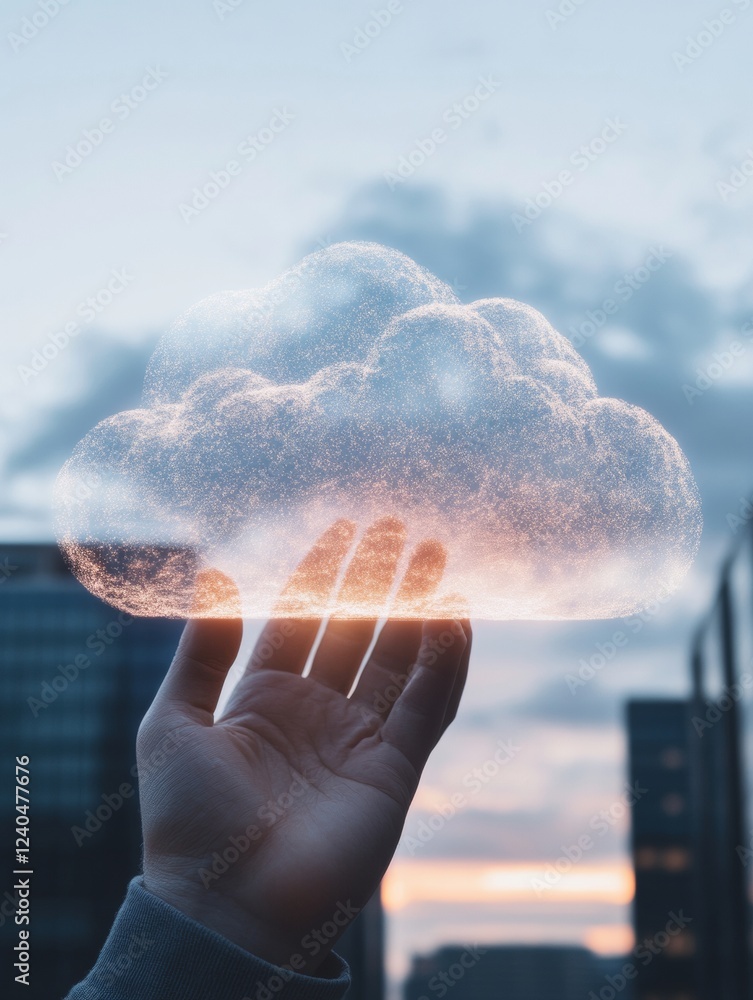 Poster Futuristic Cloud Networking Graphic Visualizing Digital Connectivity in a Sleek Office Space - Tech-Driven Infrastructure Content for Innovative Business and Marketing Solutions