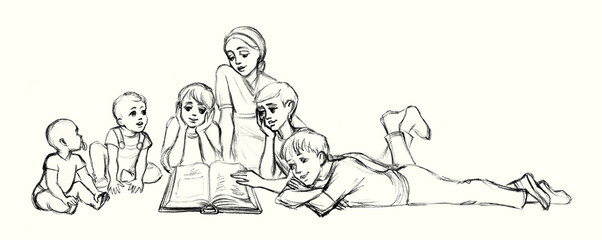Pencil drawing. Kids reading a book