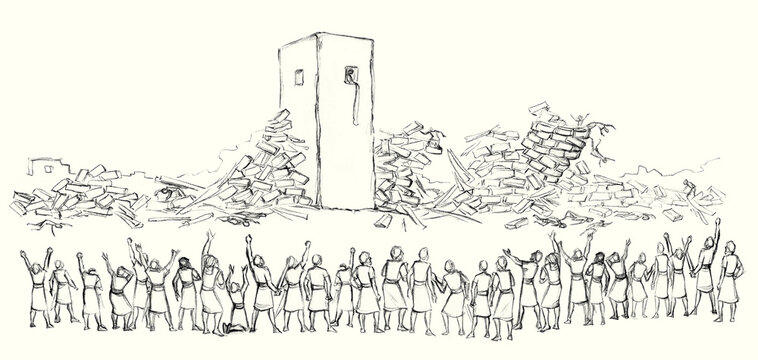 Pencil drawing. The Fall of the Walls of Jericho