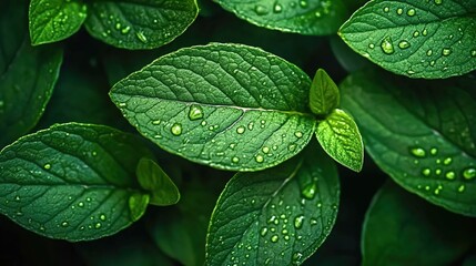Fototapeta premium A close-up of an illuminated green leaf with glittering dewdrops, set against the backdrop of rich soil and lush plants, symbolizing growth in environmental innovation.