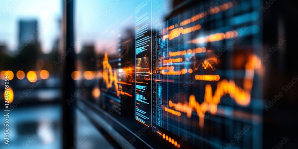 Fototapete Futuristic BI Visualization Transparent Smart Screens Displaying Real-Time Market Analytics in a High-Tech Office - Advanced Data Solutions for Corporate Growth and Competitive Edge