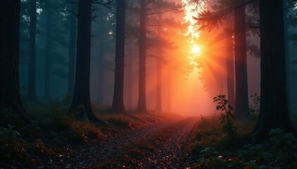 Fototapeta premium Foggy woods glowing softly with distant orange light, forest, nature