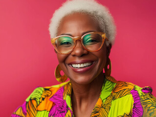 studio portrait of happy senior retired black woman wearing colourful clothes, isolated on pink background