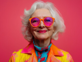 studio portrait of happy senior retired woman wearing colourful clothes, isolated on pink background
