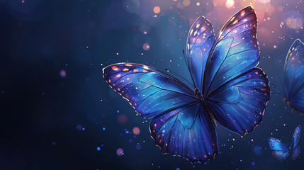 Majestic blue morpho butterflies in a sparkling, dark-blue night.