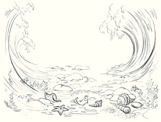 Pencil drawing. Moses leads the people across the sea