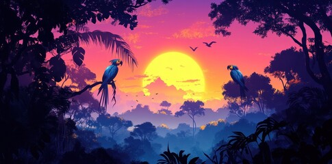Obraz premium Tropical Sunset Scene With Two Macaws Perched On Branches