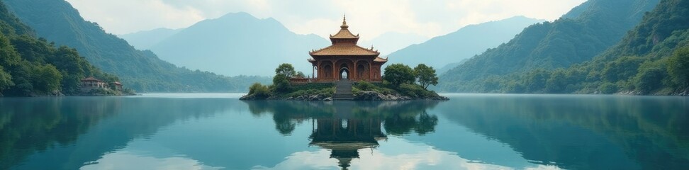 Naklejka premium Reflection of temple in the still waters of sacred lake, reflective pool, temple,