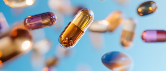 Contemporary Capsule Design Transparent Floating Capsules on Sky Blue Background - Pharmaceutical Visual Content and Innovative Health Marketing for Medical Industry
