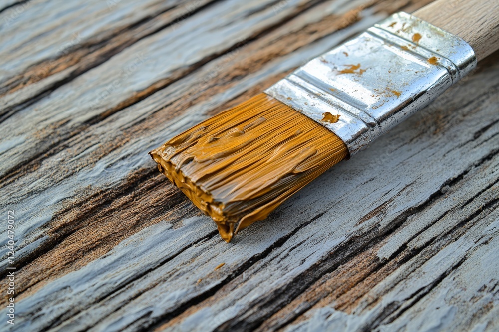 Aufkleber paint brush resting on weathered wooden surface with vibrant brown hue in artistic setting