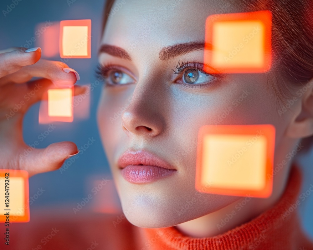 Poster Futuristic Tech Aesthetic Female Professional Navigating Augmented Reality Interface with Glowing Glass Elements - Strategic Vision in Digital Innovation and Modern Workflow Enhancement