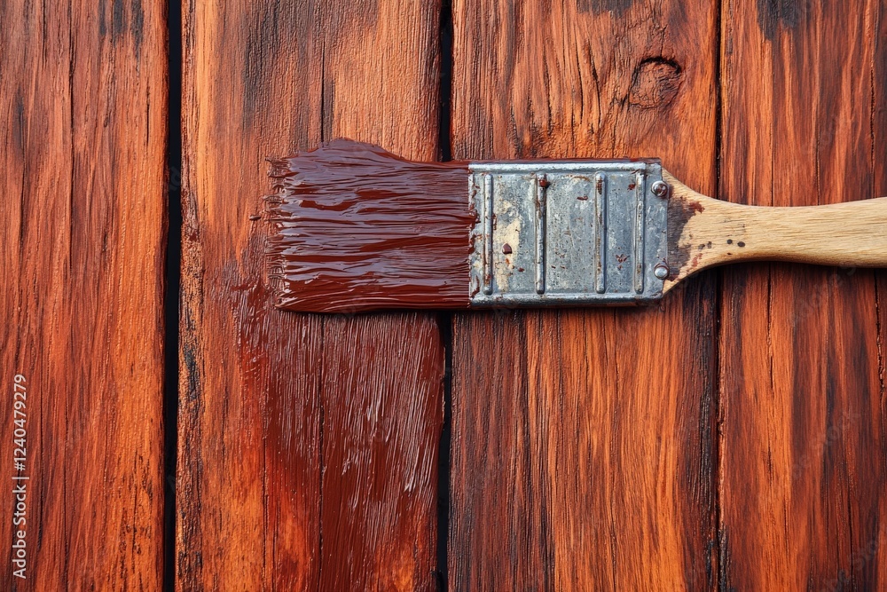 Aufkleber brush applying varnish on polished wooden surface in well-lit workshop during daytime