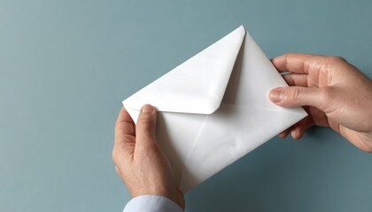 A close-up of a person holding a white envelope against a subtle blue background, representing communication, correspondence, and personal touch