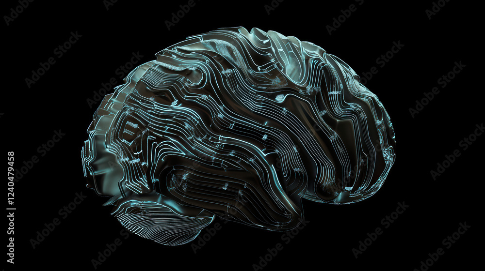 Poster futuristic brain with digital circuits, symbolizing advanced technology and artificial intelligence.