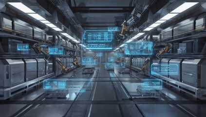Automated factory, robotic arms, futuristic production line, data displays, industrial technology