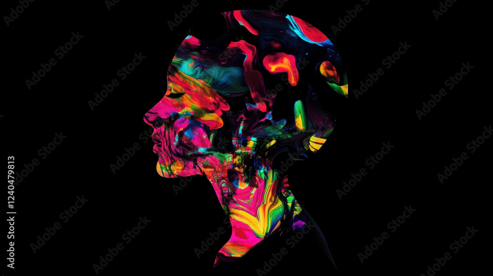 Poster silhouette of head filled with vibrant colors and abstract patterns, showcasing blend of artistic ex
