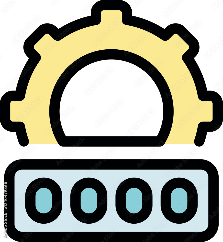 Poster half yellow gear rotating above four loading circles generating a password, representing data proces