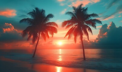 Obraz premium Palm trees standing tall on a serene tropical beach at sunset
