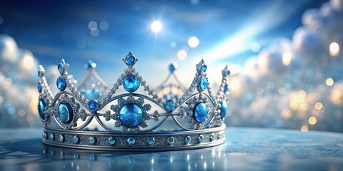 Regal Crown Adorned with Blue Diamonds on Soft Sky Background, blue diamonds