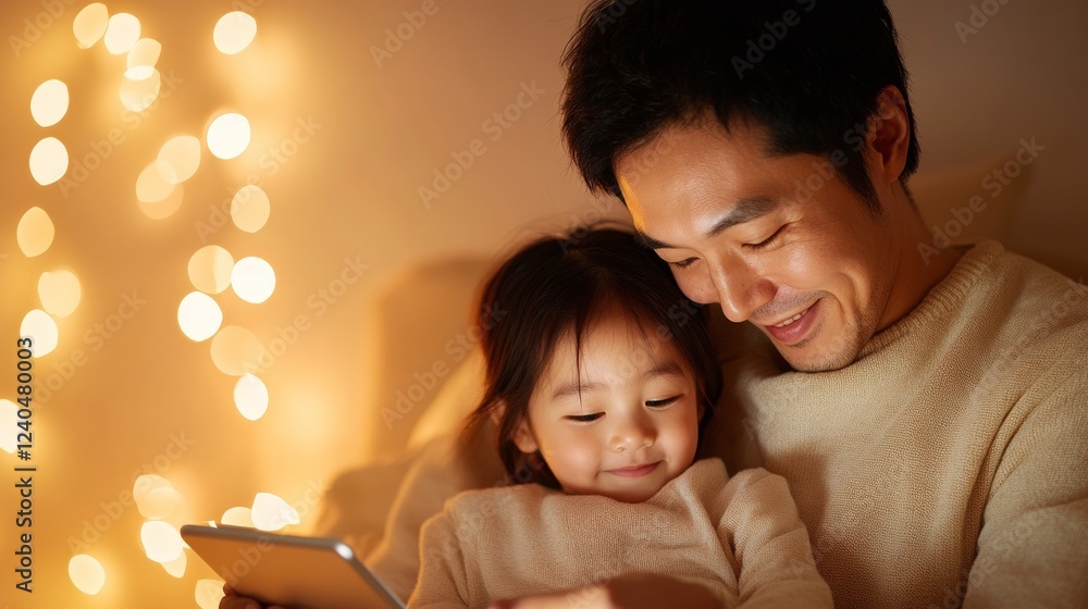 Aufkleber cozy minimalist family interaction warm tones with smart devices and textured fabrics - enhancing te