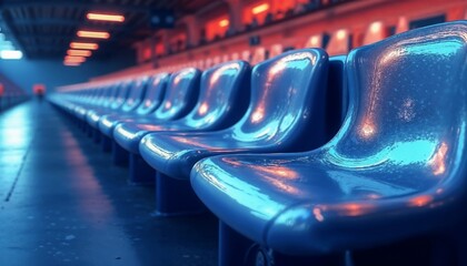 Empty Blue Stadium Seats Under Warm Atmospheric Lighting