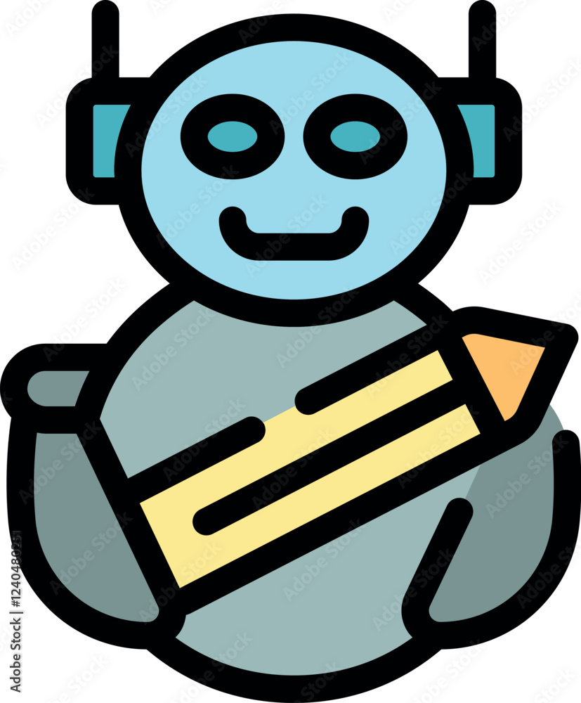 Poster friendly robot is holding a pencil, symbolizing ai content creation and the future of automated writ