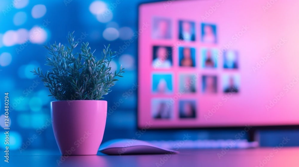 Aufkleber Blue Ambient Desk Setup Dual-Monitor Video Conferencing and Digital Presentation with Tech Accessories - Modern Remote Work Environment for Enhanced Collaborative Productivity