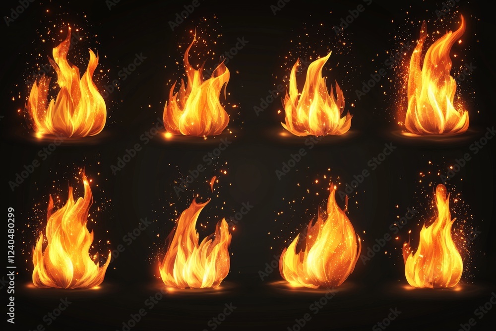 Aufkleber Flames dancing in various shapes against a dark background showcasing vibrant colors and dynamic movements