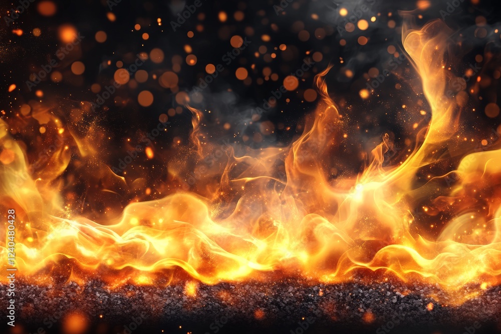 Poster flames rise dramatically from glowing embers in a dark background, creating a vibrant display of fir