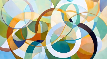 Obraz premium Abstract Geometric Painting, Intertwined Circles in Teal, Orange, and Beige