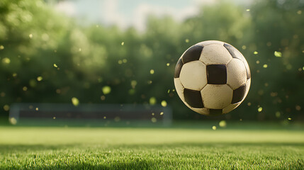 dynamic close up of soccer ball mid air, surrounded by grass and leaves