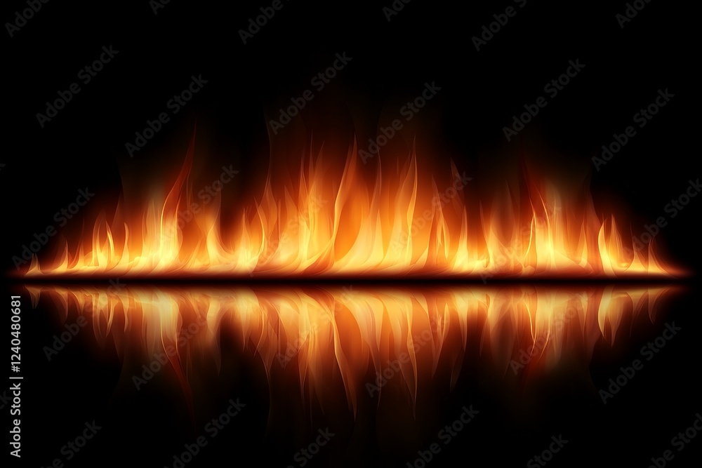 Poster flames dancing in a dark space with reflections creating a mesmerizing visual effect
