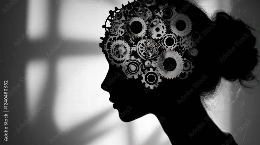 Poster silhouette of person with brain made of gears symbolizes creativity and innovation. intricate design
