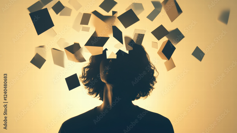 Poster silhouette of person with floating geometric shapes above their head, creating surreal atmosphere. w