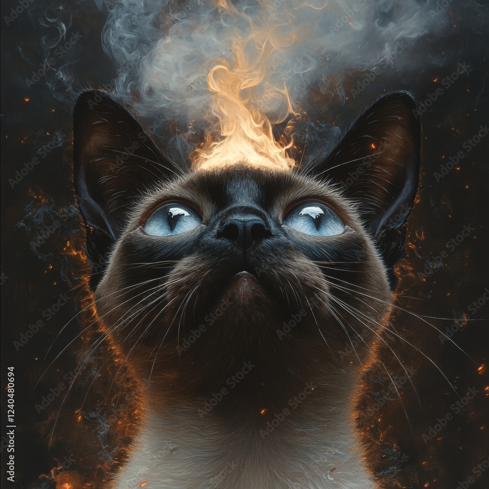 Aufkleber artistic portrayal of a siamese cat releasing smoke with meow faintly visible in the curls set again