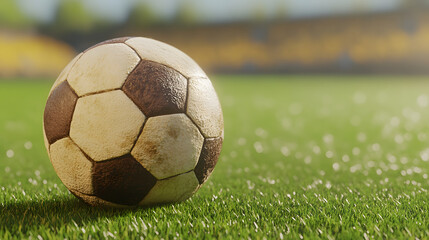Fototapeta premium close up of soccer ball resting on green grass, showcasing its texture and details