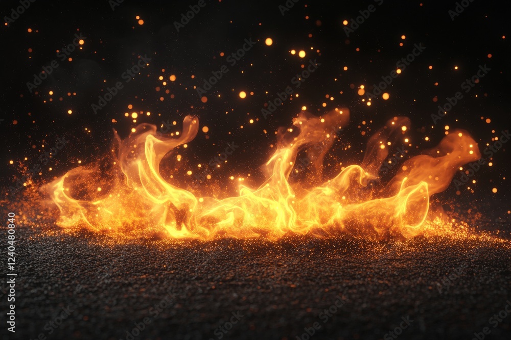 Poster bright flames flickering against a dark background with glowing sparks illuminating the atmosphere a