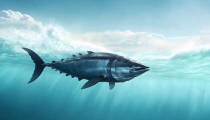 Fototapeta premium Bluefin Tuna Swimming Underwater Ocean Waves