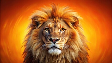 Fototapeta premium A majestic lion's face with a fiery mane and piercing eyes on a bright orange background, bold expression, lion portrait