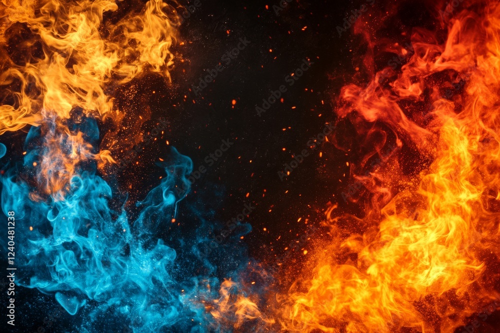 Poster vivid flames and smoke create a dynamic display of blue and orange energy in a dark setting