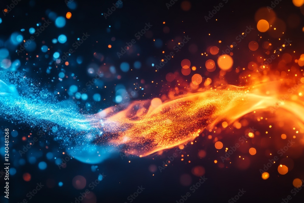 Poster flowing energy represented by vibrant blue and orange particles in a dynamic display of light and mo